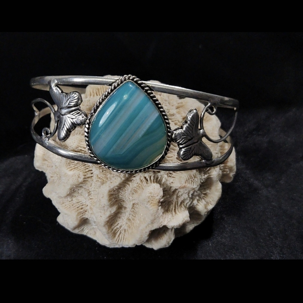 ~Elegant Silver Bracelet/Teal Banded Agate Stone And Butterfly Design On Band~